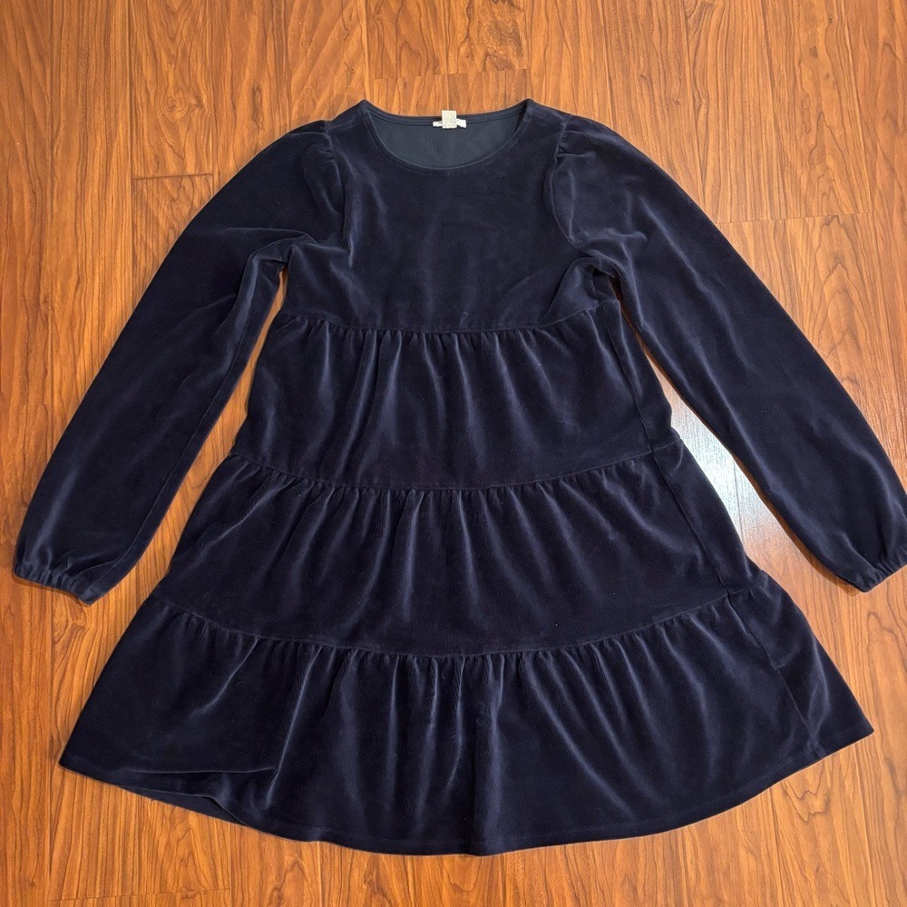 Crewcuts JCrew Tiered Long Sleeve Blue Velvet Corduroy Ribbed Kids Dress Size 14